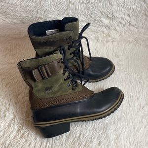 Sorel Fancy Lace II Suede Leather Winter Snow Duck Boots Green Brown Woman's 8.5